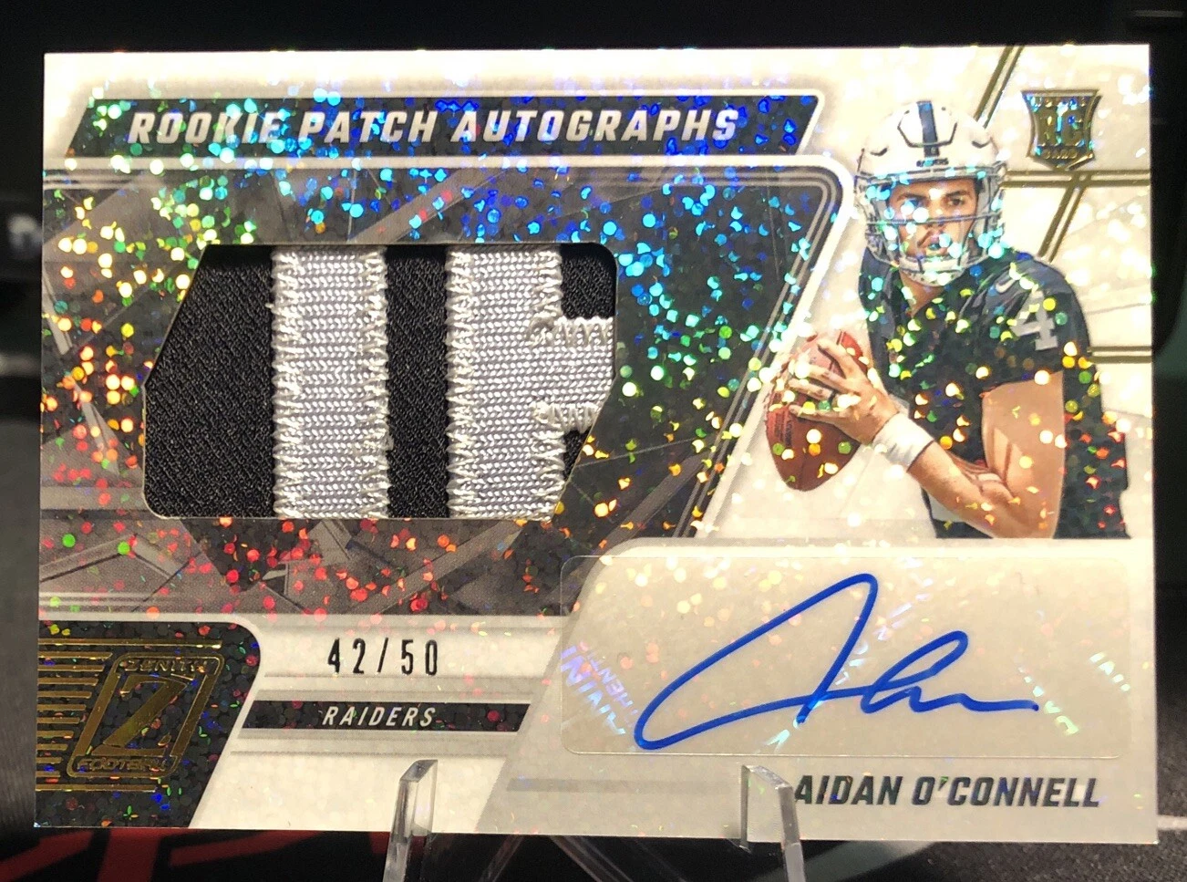 2023 Panini Zenith Rookie Patch Auto RPA Aidan O’Connell FOTL Sparkle 42/50 #201