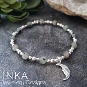 Sterling Silver bead Stack Bracelet with Kiwi Jasper and 925 Moon Charm INKA - Picture 1 of 4