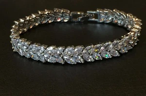 18K White Gold Plated Tennis Bracelet made w Swarovski Crystal Marquise Stone 7” - Picture 1 of 11