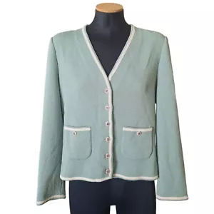 CASTLEBERRY VINTAGE KNIT CARDIGAN SIZE 10 SEA FOAM GREEN WHITE TRIM SIZE M/L - Picture 1 of 9