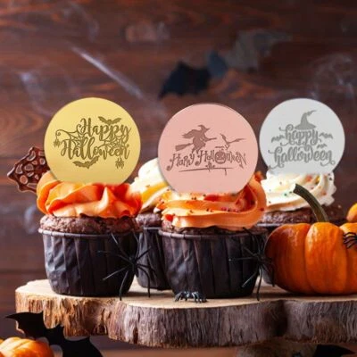 10pcs Happy Halloween Acrilico Cupcake Topper Strega Pipistrello Ragno Torta - Immagine 1 di 4