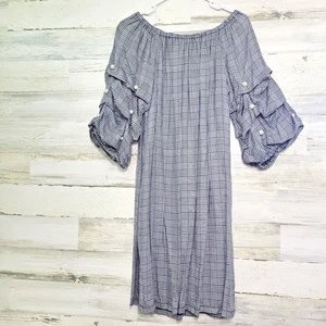MSK Black White Plaid Dress SizeL Pearl Puff Sleeve Off the Shoulder 3/4 Sleeve - Picture 1 of 7