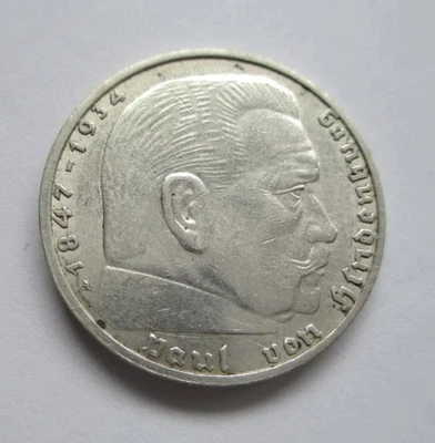 Third Reich WW2 Nazi German 2 Reichsmark Hindenburg Silver Coin w/ Swastika - Image 1 of 4