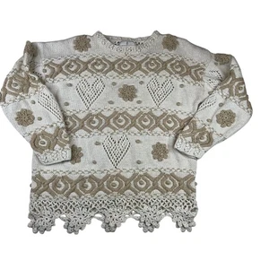 Vintage Express Trikot Pullover Damen Large Elfenbein Creme Langarm Handgestrickt  - Bild 1 von 20