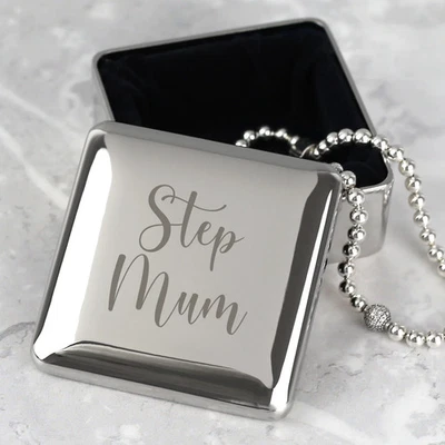 Personalised Step Mum Silver Square Trinket Box | Name Engraved Gift Jewellery - Image 1 of 4