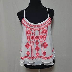 Ecote Top Medium White Pink Halter Cropped Aztec Embroidery Sheer Lined Festival - Picture 1 of 11