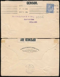 GB WW1 ZENSIERT nach NIEDERLANDE 2 1/2d FRANKING 1914 PRODUCT BROKERS CO PERFIN - Bild 1 von 1