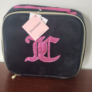 Juicy Couture Black Glitter Velour Zip Around Cosmetic Makeup Bag w/bottle NWT