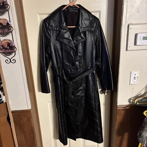 Woman’s Leather Trench Coat Size 12 Black Button With Belt “Brand Tag Missing” - Picture 1 of 12