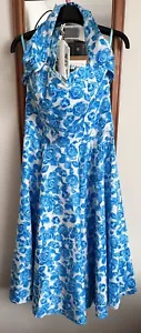 Vivien Of Holloway White Blue Rose Halterneck Circle Skirt Dress 1950s Vintage - Picture 1 of 10