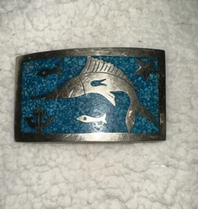 Sterling Sword Fish Belt Buckle Turquoise Chips Inlay Detailed Mexico - Picture 1 of 5