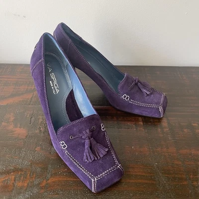 Y2K Via Spiga Cuero Púrpura Mocasín Estilo Bloque Tacones Talla 7 Foto 1 de 4