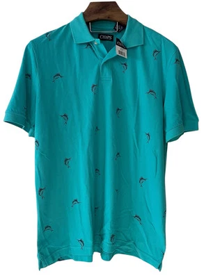 NUEVO CON ETIQUETAS Chaps Para hombres Azul Aqua Estampado Pez Espada Manga Corta Polo Océano Playa L Foto 1 de 4