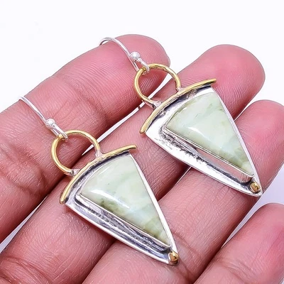 Natural Serpentine 925 Sterling Silver Two Tone Earring 1.95" E, Christmas Gift - Image 1 of 4