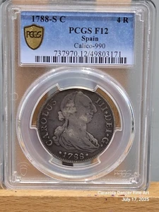 1788-S C 4 Real silver PCGS F12 Spain Calico-990 Blue Label Gold Shield - Picture 1 of 8