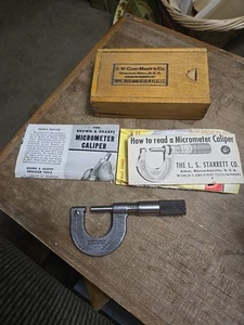 Brown & Sharpe No. 19 Vtg. Machinists (0 - 1") Micrometer With Antique Wood Box - Picture 1 of 23