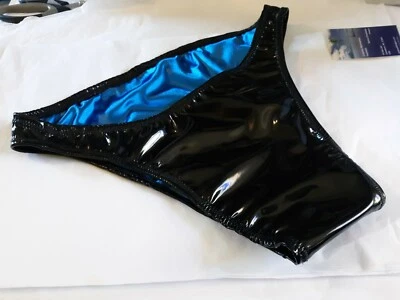 Maiô masculino de vinil PVC brilhante tamanho pequeno ou extra grande EUA Rio preto forrado cetim turquesa  - Imagem 1 de 3