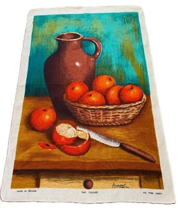 NOS Vtg. LAMONT Irish Linen Tea Towel Still Life Wine & Oranges Unused - Picture 1 of 7