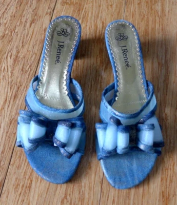J Renee Freesia Denim Blue Gold Mesh Bows Sandals Heels Shoes 7.5 NEW - Image 1 of 4