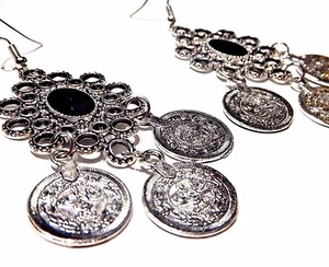 SILVER TONE COIN EARRINGS chandelier belly dance bohemian ethnic Tibetan hook 3B - Picture 1 of 2