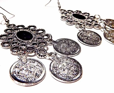 SILVER TONE COIN EARRINGS chandelier belly dance bohemian ethnic Tibetan hook 3B - Image 1 of 2