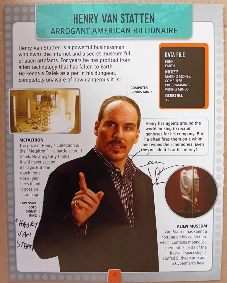 ORIGINAL AUTOGRAPHED DOCTOR WHO BOOK PAGE COREY JOHNSON Henry Van Statten - Image 1 of 1