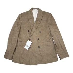 Zara Linen Blazer Double Breasted Pinstripe Business Smart Casual Tan Jacket 48 - Picture 1 of 19