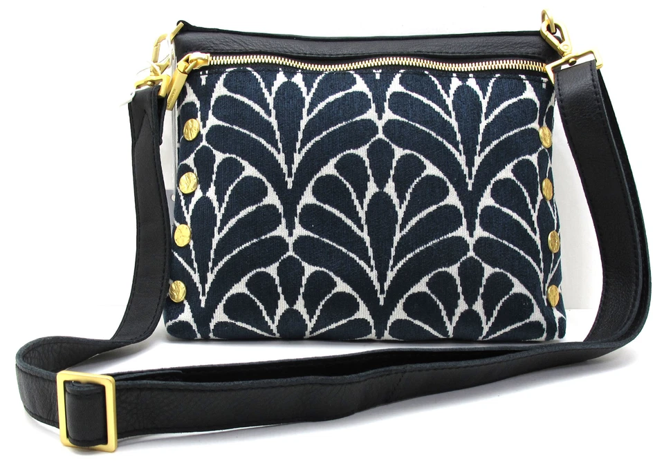 HAMMITT VIP Med Leather Crossbody Bag Navy Tapestry/Brushed Gold Hammered