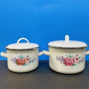 Set of 2 Pink Floral Enamel Pots - Picture 1 of 16