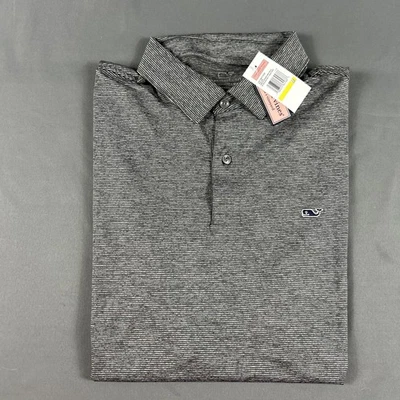 Vineyard Vines 高尔夫衬衫 Polo Destin 条纹中号灰色涤纶氨纶全新带标签 — 第 1/4 张图片