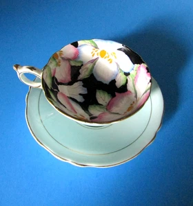 Paragon Bone China Teacup & Saucer Clemantis Black Background Dl Warrant ENGLAND - Picture 1 of 7