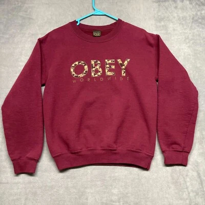 Obey Worldwide Crewneck Sweatshirt Women's Small Burgundy Cotton Long Sleeve - Image 1 of 4