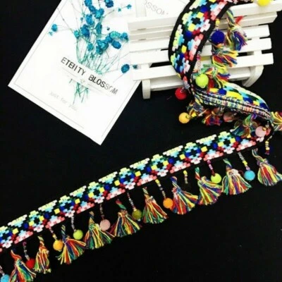 DIY Trimming Boho Bohemian Tassel Fringe Beaded Pom Pom Edging Sewing Trim Craft - Image 1 of 4