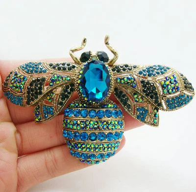 Moda Elegante Abeja Insecto Tono Dorado Broche Prendedor Colgante Cristal Azul Estrás Foto 1 de 4