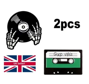 2pcs Enamel Pin Set DJ Vinyl Record Good Vibes Cassette Tape Badge Lapel Brooch - Picture 1 of 11