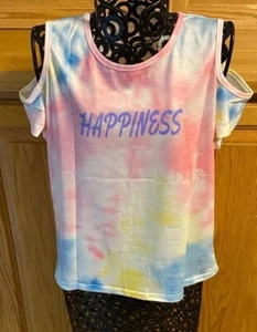 Kids 10Y Tie Dye  Happiness  Cold Shoulder Tee T-Shirt Casual Girls - Picture 1 of 8