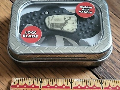 Cuchillo de caza pequeño hoja de bloqueo con mango de goma en lata de regalo Foto 1 de 4