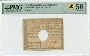 1780 April 29, $3 New Hampshire Colonial Note FR#NH-181 PMG AU58 GCC Gold - Picture 1 of 2