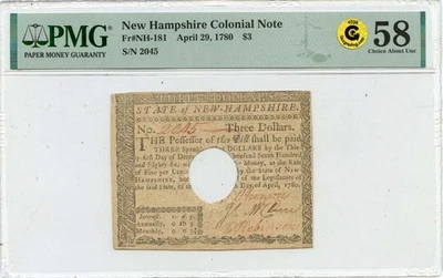 1780 April 29, $3 New Hampshire Colonial Note FR#NH-181 PMG AU58 GCC Gold - Image 1 of 2