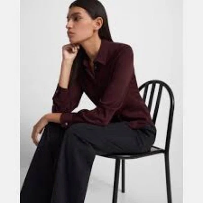 Theory Stretch Silk Sunaya Blouse Button Long Sleeve Excellent Size L - Image 1 of 4