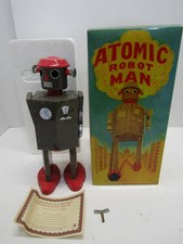 VINTAGE METAL TIN WINDUP ATOMIC ROBOT MAN  WORKS SPACE TOY ORIGINAL BOX