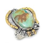 Natural Tibetan Turquoise Gemstone 925 Sterling Silver Two Tone Ring Size 9 W197