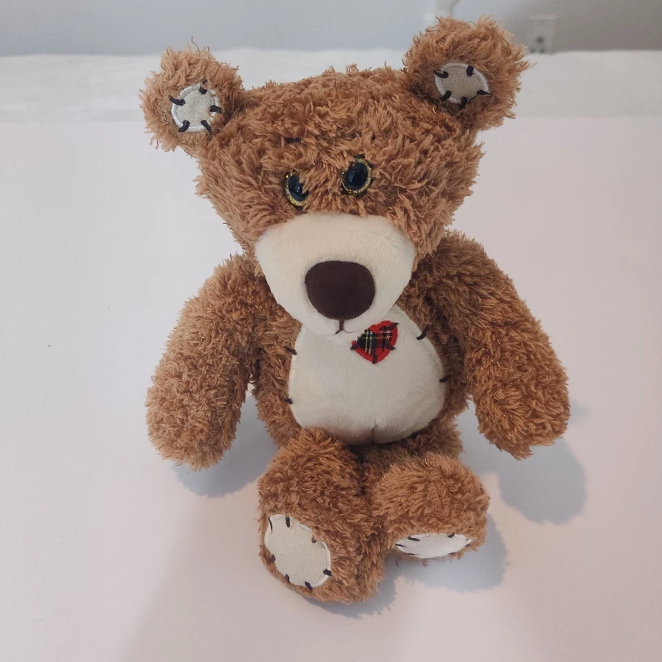 First & Main TENDER TEDDY Tan Fuzzy Fur 12 in Plush Red Plaid Heart #1615LC - Image 1 of 4
