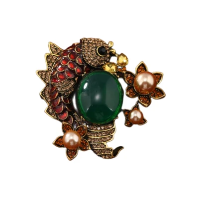 Vintage Women's Brown Crystal Enamel Glazed Carp Fish Lotus Flower Brooch Pin - Изображение 1 из 3