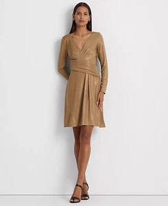 NEW LAUREN RALPH LAUREN GOLD FIT AND FLARE PLEATED SHIMMER DRESS SIZE 16 $195 - Picture 1 of 4