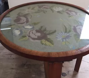 COLLAPSABLE WOOD SIDE TABLE - 23" ROUND WITH NEEDLEWORK TOP / GLASS 20" TALL - Picture 1 of 12