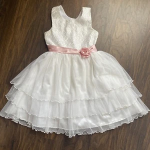 Jona Michelle Flower Girl size 6 White Pink Formal Dress Wedding textured bodice - Picture 1 of 13