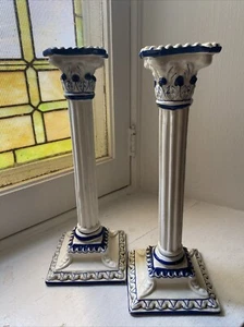 Vintage Pair SPANISH BLUE & WHITE Ceramic CANDLESTICKS - Picture 1 of 11