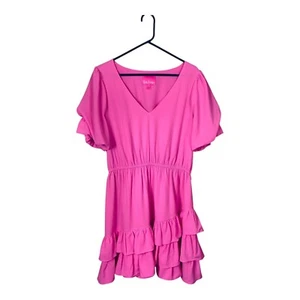 Lilly Pulitzer Martha Mini Dress Womens 16 Pink V Neck Ruffle Short Sleeve - Picture 1 of 7