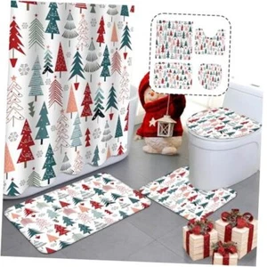 4pcs Christmas Shower Curtain Sets with Non-Slip Rugs Toilet Lid Cover and - Picture 1 of 8